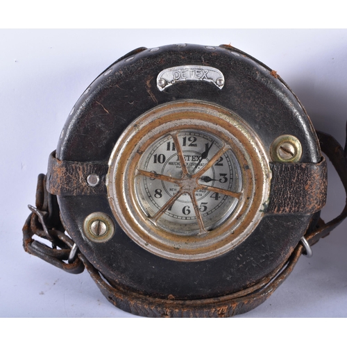 893 - TWO UNUSUAL ANTIQUE LEATHER CASED DETEX GUARDSMAN CLOCKS. Largest 16 cm wide. (2)