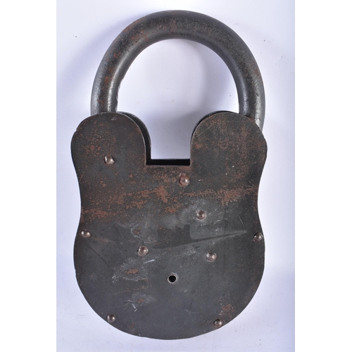 895 - A LARGE HEAVY STEEL PADLOCK. 30 cm x 18 cm.