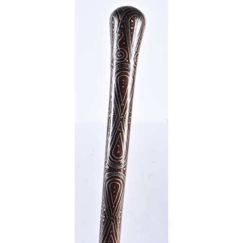 899 - A FINE 19TH CENTURY SILVER INLAID CARVED WOOD WALKING CANE. 83 cm long.