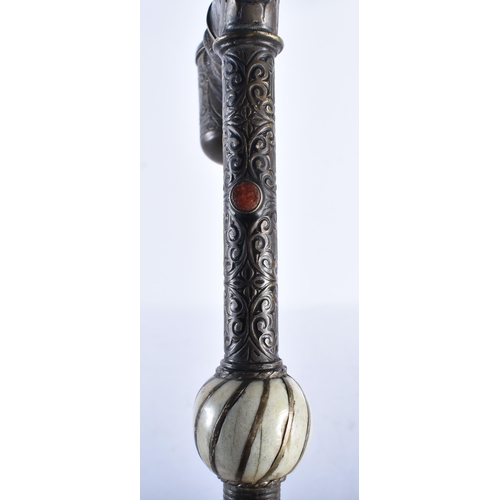 900 - AN UNUSUAL EARLY 20TH CENTURY MIXED METAL TURQUOISE AND CORAL INSET SWORD STICK. 88 cm long.  BUYERS... 