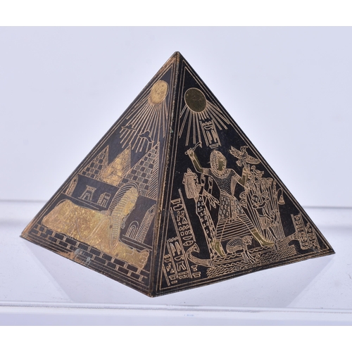 921 - AN ANTIQUE EGYPTIAN REVIVAL DAMASCENED OBELISK DESK WEIGHT. 6 cm x 5.25 cm.