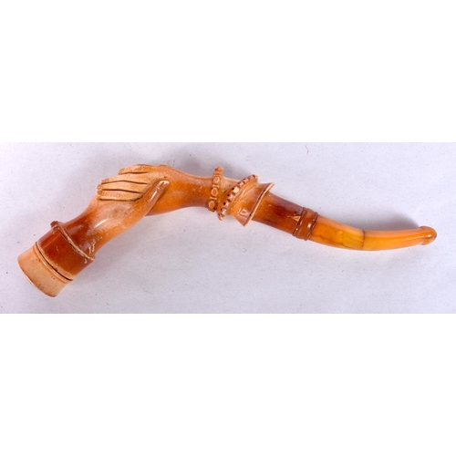 966 - AN ANTIQUE MEERSCHAUM HAND SHAKE AMBER PIPE. 19 cm long.