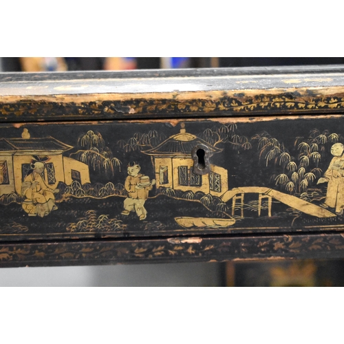 994 - AN EARLY 19TH CENTURY CHINESE EXPORT BLACK LACQUER COUNTRY HOUSE WORK BOX. 72 cm x 64 cm.