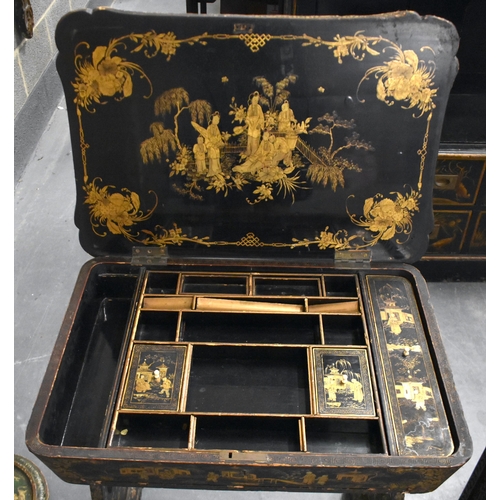 994 - AN EARLY 19TH CENTURY CHINESE EXPORT BLACK LACQUER COUNTRY HOUSE WORK BOX. 72 cm x 64 cm.