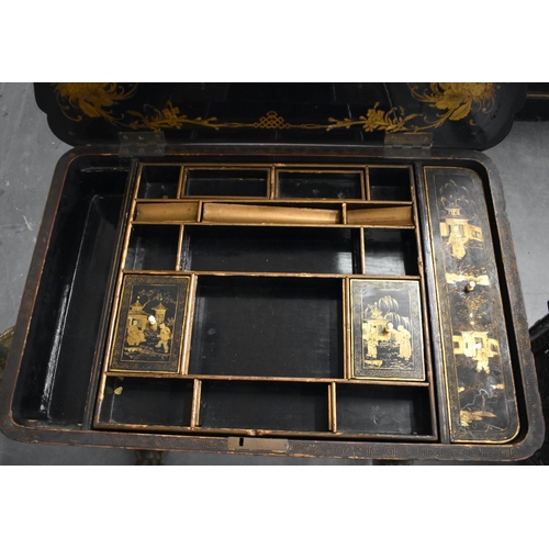 994 - AN EARLY 19TH CENTURY CHINESE EXPORT BLACK LACQUER COUNTRY HOUSE WORK BOX. 72 cm x 64 cm.