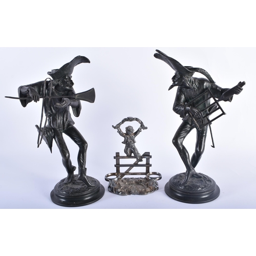 10 - A PAIR OF ANTIQUE SPELTER FIGURES together with a silver plated figural cruet stand. Largest 29 cm h... 