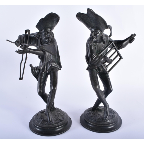 10 - A PAIR OF ANTIQUE SPELTER FIGURES together with a silver plated figural cruet stand. Largest 29 cm h... 