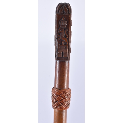 114 - A LOVELY 18TH CENTURY CONTINENTAL CARVED WOOD WALKING CANE of Royal Interest, carved with a lion hol... 