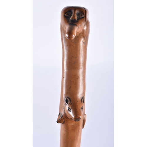 116 - AN 18TH/19TH CENTURY CONTINENTAL CARVED FOLK ART WOOD WALKING CANE formed with bears, cow, deer and ... 