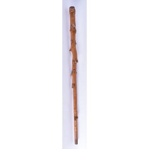 116 - AN 18TH/19TH CENTURY CONTINENTAL CARVED FOLK ART WOOD WALKING CANE formed with bears, cow, deer and ... 