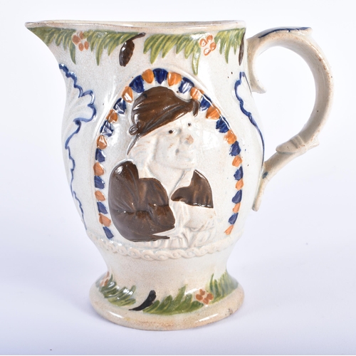 14 - AN EARLY 19TH CENTURY ENGLISH PRATTWARE JUG decorated with portraits. 14 cm high.