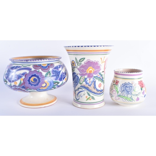 1 - THREE POOLE POTTERY VASES. Largest 22 cm high. (3)