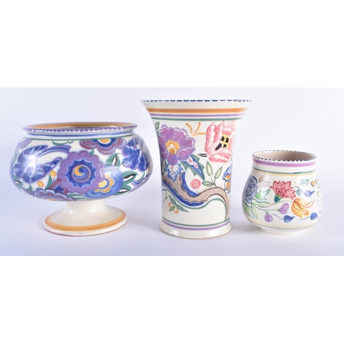1 - THREE POOLE POTTERY VASES. Largest 22 cm high. (3)