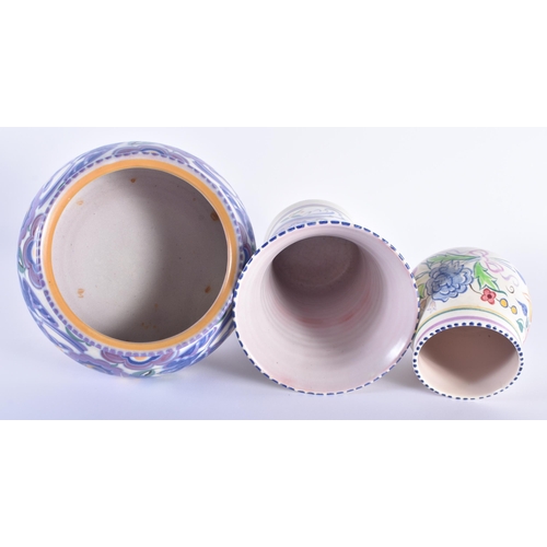 1 - THREE POOLE POTTERY VASES. Largest 22 cm high. (3)