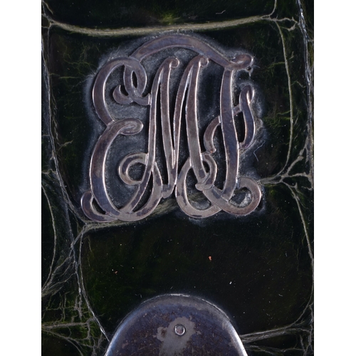 18 - AN EARLY 20TH CENTURY ENGLISH SILVER MOUNTED GREEN CROCODILE SKIN CASE. 27 cm x 22 cm.
