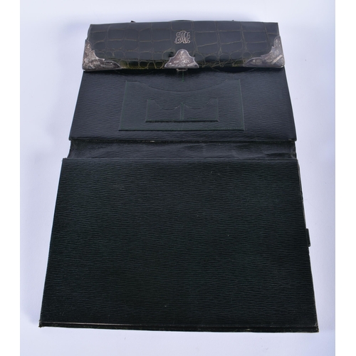 18 - AN EARLY 20TH CENTURY ENGLISH SILVER MOUNTED GREEN CROCODILE SKIN CASE. 27 cm x 22 cm.