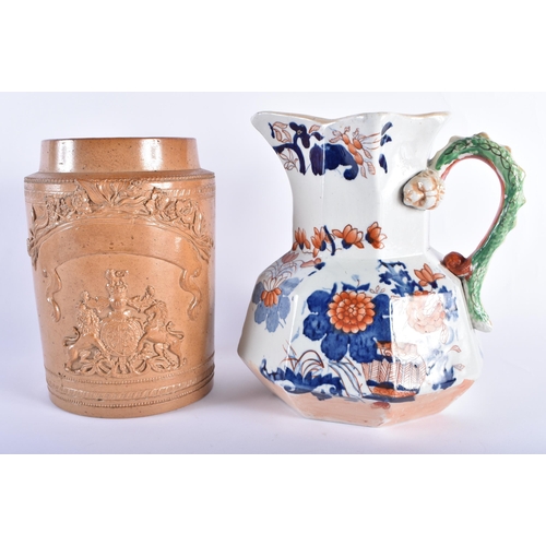 19 - AN EARLY 19TH CENTURY ENGLISH STONEWARE POT together with a Masons hydra jug. Largest 23.5 cm high. ... 