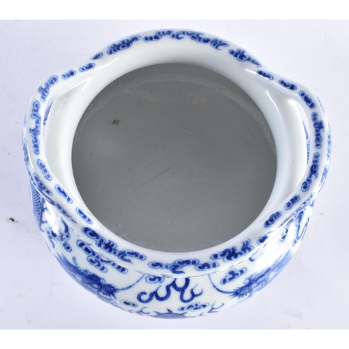 236 - A RARE 19TH CENTURY CHINESE TWIN HANDLED BLUE AND WHITE PORCELAIN CENSER bearing Qianlong marks to b... 