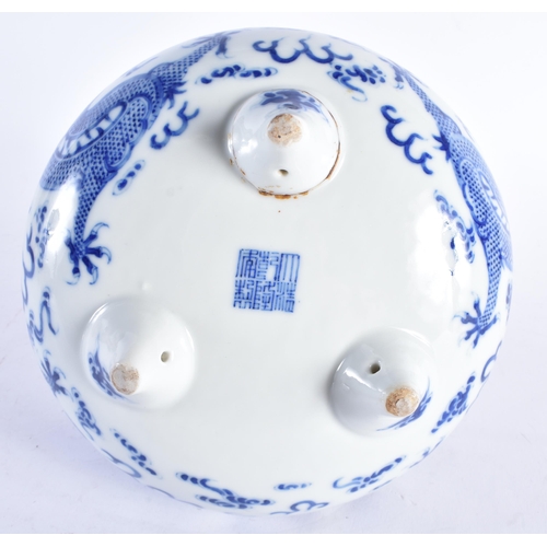 236 - A RARE 19TH CENTURY CHINESE TWIN HANDLED BLUE AND WHITE PORCELAIN CENSER bearing Qianlong marks to b... 