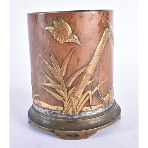 237 - A 19TH CENTURY JAPANESE MEIJI PERIOD ONLAID BRONZE BRUSH POT decorated in relief with a bird in flig... 