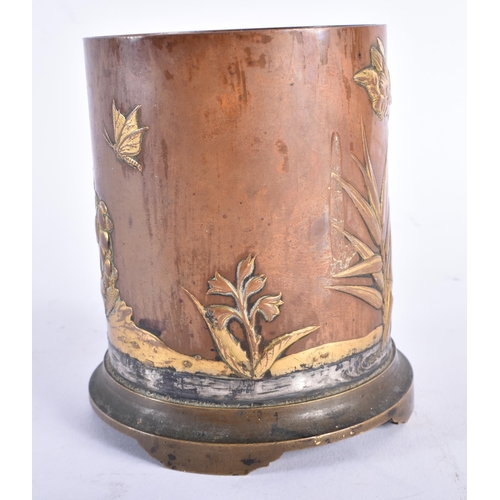 237 - A 19TH CENTURY JAPANESE MEIJI PERIOD ONLAID BRONZE BRUSH POT decorated in relief with a bird in flig... 