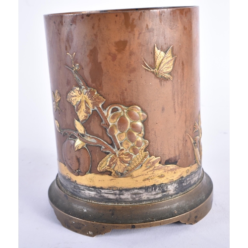 237 - A 19TH CENTURY JAPANESE MEIJI PERIOD ONLAID BRONZE BRUSH POT decorated in relief with a bird in flig... 