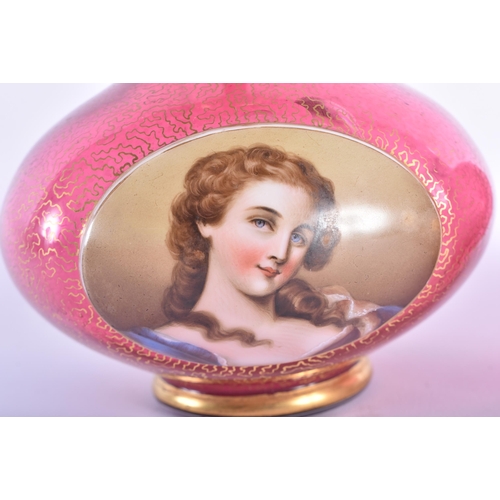 26 - A PAIR OF 19TH CENTURY BOHEMIAN CRANBERRY GLASS VASES painted with portraits of females. 25 cm high.