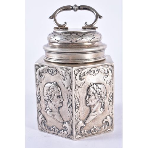 296 - AN 18TH/19TH CENTURY DUTCH SILVER TEA CADDY AND COVER decorated in relief with classical portraits. ... 