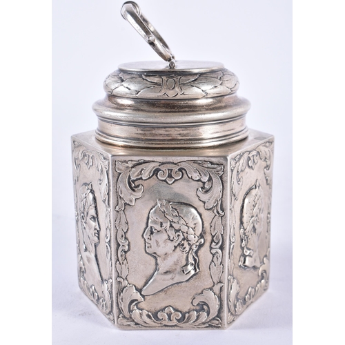 296 - AN 18TH/19TH CENTURY DUTCH SILVER TEA CADDY AND COVER decorated in relief with classical portraits. ... 