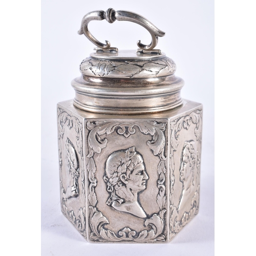 296 - AN 18TH/19TH CENTURY DUTCH SILVER TEA CADDY AND COVER decorated in relief with classical portraits. ... 