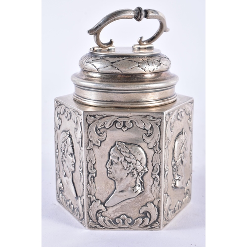 296 - AN 18TH/19TH CENTURY DUTCH SILVER TEA CADDY AND COVER decorated in relief with classical portraits. ... 