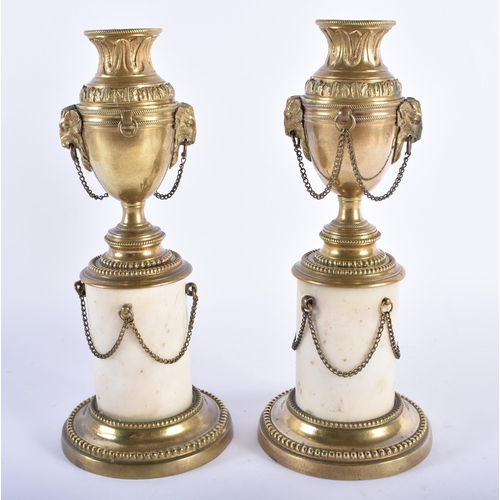 39 - A PAIR OF 19TH CENTURY FRENCH BRONZE AND MARBLE CASSOLETTES with hanging chains. 24 cm high.