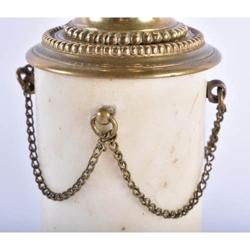 39 - A PAIR OF 19TH CENTURY FRENCH BRONZE AND MARBLE CASSOLETTES with hanging chains. 24 cm high.