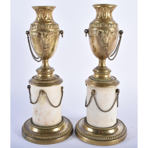 39 - A PAIR OF 19TH CENTURY FRENCH BRONZE AND MARBLE CASSOLETTES with hanging chains. 24 cm high.