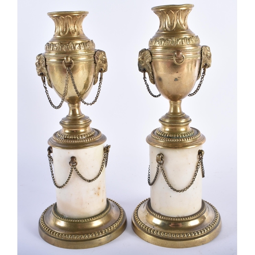 39 - A PAIR OF 19TH CENTURY FRENCH BRONZE AND MARBLE CASSOLETTES with hanging chains. 24 cm high.