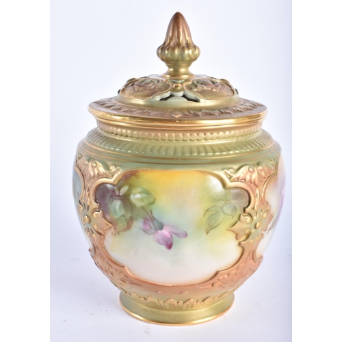 42 - A ROYAL WORCESTER POT POURRI AND COVER painted with flowers. 18 cm x 12 cm.