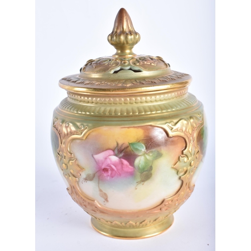 42 - A ROYAL WORCESTER POT POURRI AND COVER painted with flowers. 18 cm x 12 cm.
