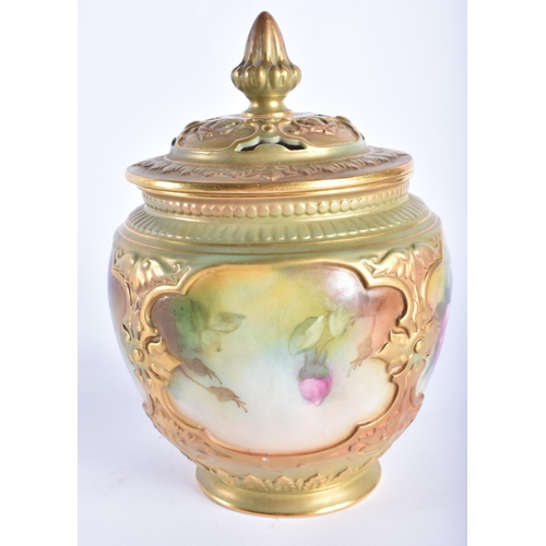 42 - A ROYAL WORCESTER POT POURRI AND COVER painted with flowers. 18 cm x 12 cm.