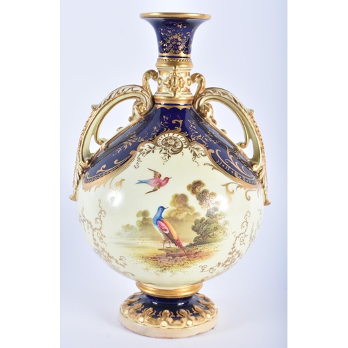 540 - A COALPORT TWIN HANDLED PORCELAIN BIRD VASE. 21.5 cm high.