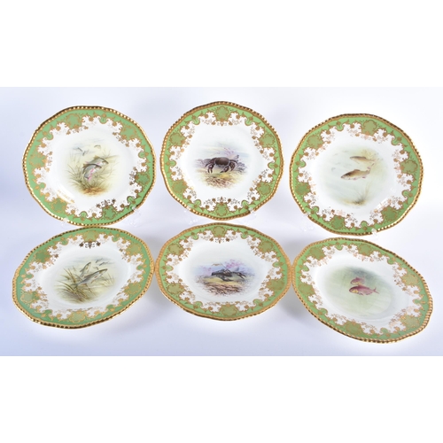 551 - A FINE SET OF SIX COALPORT PORCELAIN RAISED GILT CABINET PLATES. 23.5 cm wide. (6)