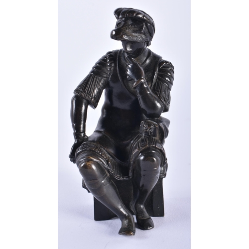 56 - A 19TH CENTURY EUROPEAN GRAND TOUR BRONZE FIGURE OF A MALE modelled in armour upon a stool. 12 cm hi... 