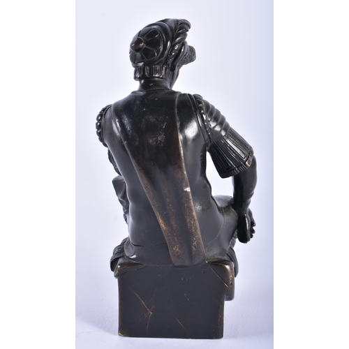 56 - A 19TH CENTURY EUROPEAN GRAND TOUR BRONZE FIGURE OF A MALE modelled in armour upon a stool. 12 cm hi... 