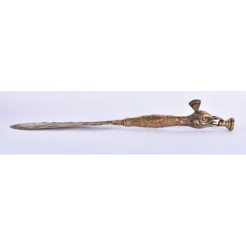 57 - A RARE VICTORIAN BRONZE PEACOCK SEAL AND LETTER OPENER of naturalistic form. 35 cm high.