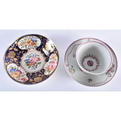 570 - AN 18TH CENTURY ENGLISH PORCELAIN TEABOWL AND SAUCER together with a Derby saucer. (3)