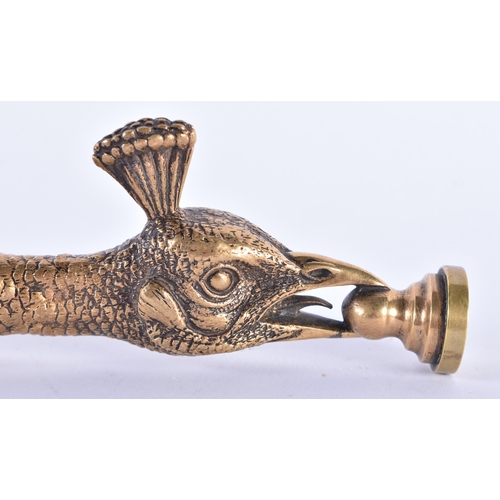 57 - A RARE VICTORIAN BRONZE PEACOCK SEAL AND LETTER OPENER of naturalistic form. 35 cm high.