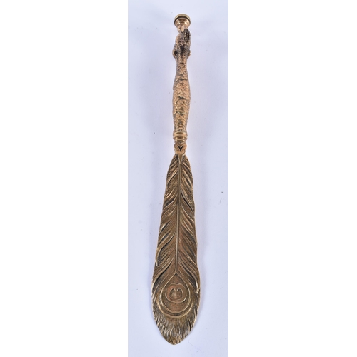 57 - A RARE VICTORIAN BRONZE PEACOCK SEAL AND LETTER OPENER of naturalistic form. 35 cm high.