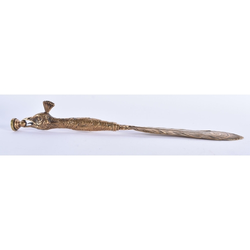 57 - A RARE VICTORIAN BRONZE PEACOCK SEAL AND LETTER OPENER of naturalistic form. 35 cm high.