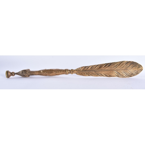 57 - A RARE VICTORIAN BRONZE PEACOCK SEAL AND LETTER OPENER of naturalistic form. 35 cm high.