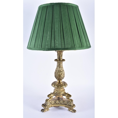 583 - A GOOD LARGE 19TH CENTURY GILT BRONZE COUNTRY HOUSE LAMP overlaid with acanthus. 52 cm high.