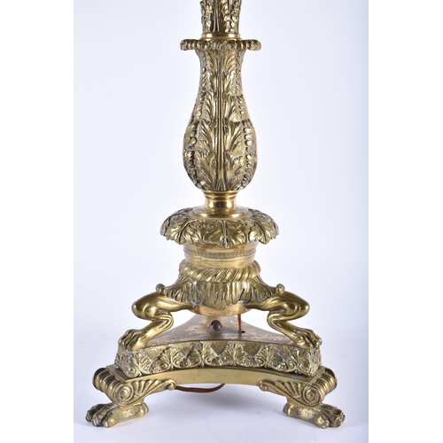 583 - A GOOD LARGE 19TH CENTURY GILT BRONZE COUNTRY HOUSE LAMP overlaid with acanthus. 52 cm high.